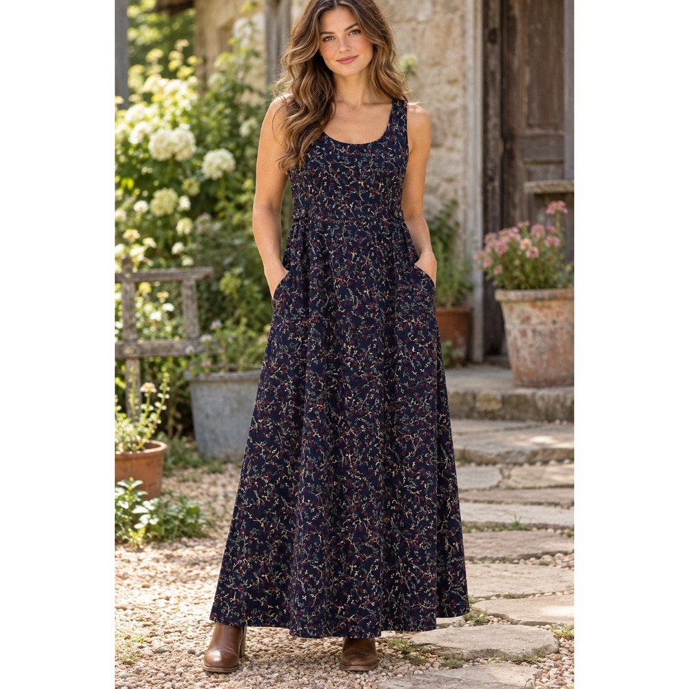 Bobbie Brooks VTG Navy Floral Corduroy Maxi Jumper Dress XL Pockets Cottagecore